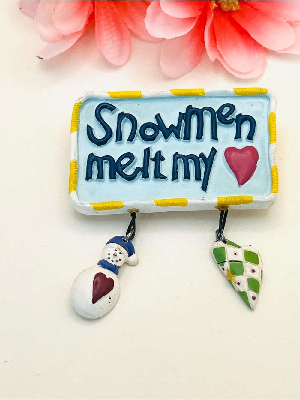 Vintage Snowmen Melt My Heart brooch